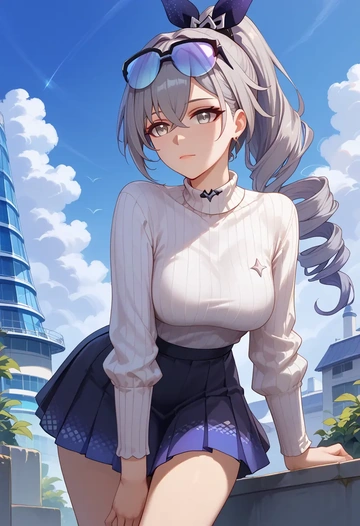 star rail,silver wolf,skirt,pleated,turtleneck sweater  - AI generated anime art